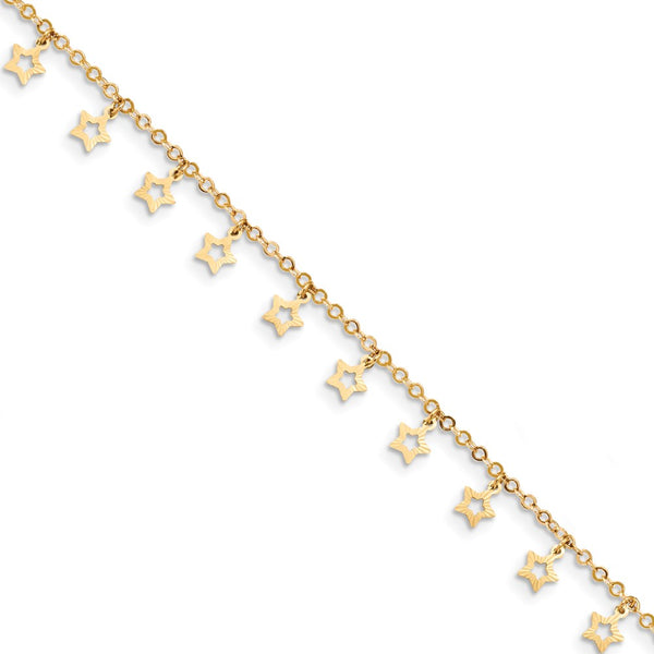 14k Gold Polished & Textured Star 9in Plus 1in ext. Anklet-WBC-ANK282-10