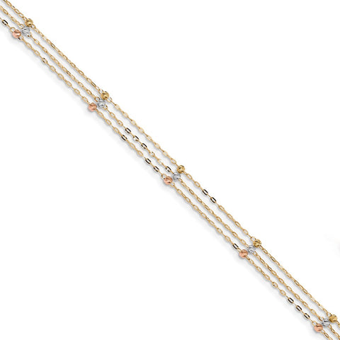 14k Tri-color 3-Strand Diamond-cut Beaded 9in Plus 1in extender Anklet-WBC-ANK290-10