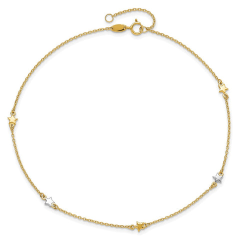 14K Two-Tone Polished Star 10in Plus 1in ext. Anklet-WBC-ANK291-10