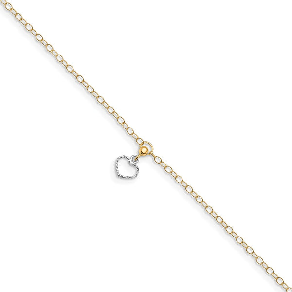 14K Two-tone Polished Heart Dangle 10in Plus 1in ext Anklet-WBC-ANK293-10