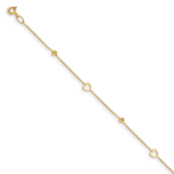 14K Polished & D/C Hearts 10in Plus 1in ext. Anklet-WBC-ANK304-10