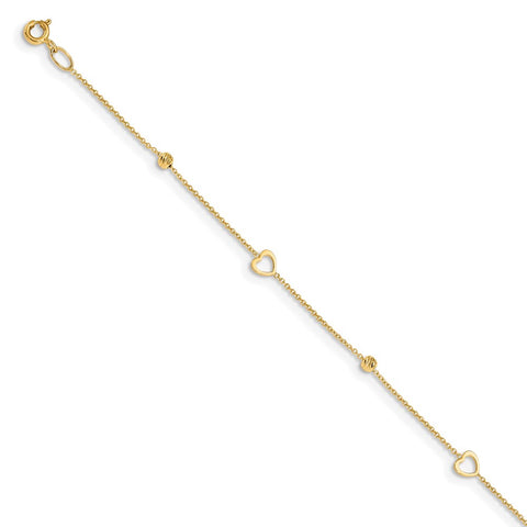 14K Polished & D/C Hearts 10in Plus 1in ext. Anklet-WBC-ANK304-10