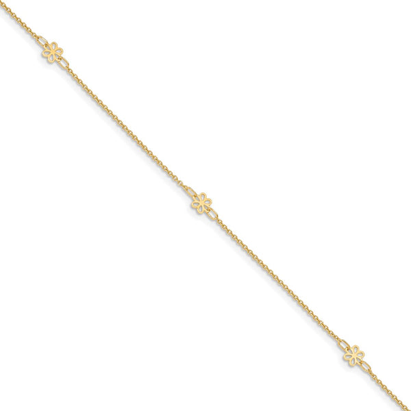14K Polished Flowers 10in Plus 1in ext. Anklet-WBC-ANK306-10