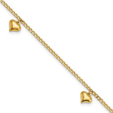 14K Polished 3 Puffed Heart 9inPlus 1in ext Anklet-WBC-ANK308-9