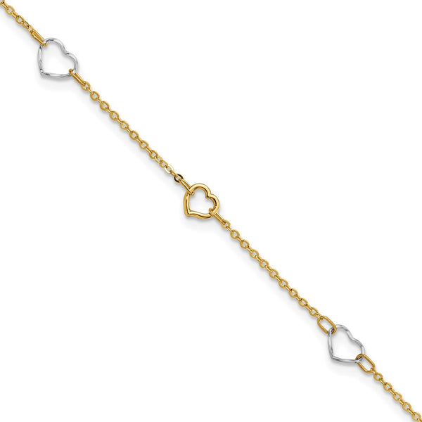 14K Two-tone Polished Heart 9in Plus 1in ext Anklet-WBC-ANK314-9