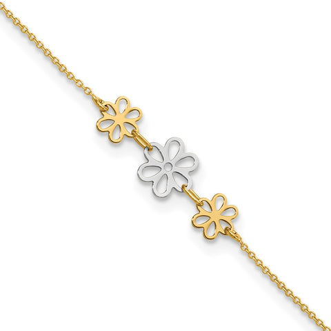 14K Two-tone Polished Three Flower 9in Plus 1in ext Anklet-WBC-ANK321-9