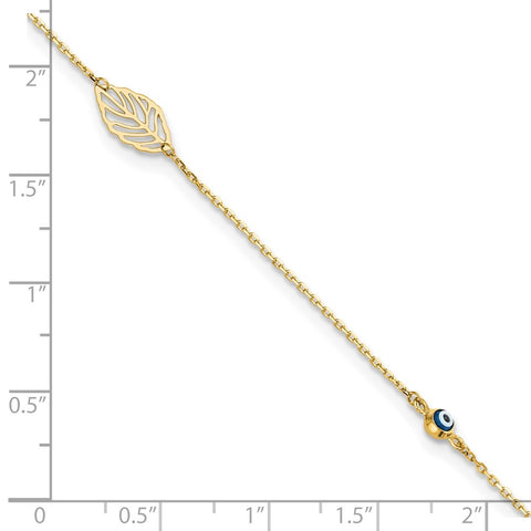 14k Leaf and Glass Eye Bead 9in Plus 1in Ext  Anklet-WBC-ANK323-9