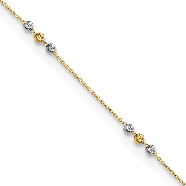 14K Two-tone Polished D/C Beaded 9in Plus 1 in ext. Anklet-WBC-ANK330-9