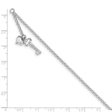 14k White Gold Adj Polished Puffed Heart Key 9in Plus 1in ext. Anklet-WBC-ANK45-10
