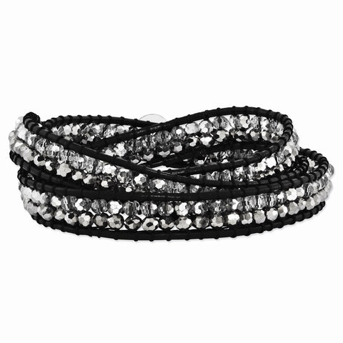 Grey and Clear Crystal Bead and Leather Multi-wrap Bracelet-WBC-BF1626