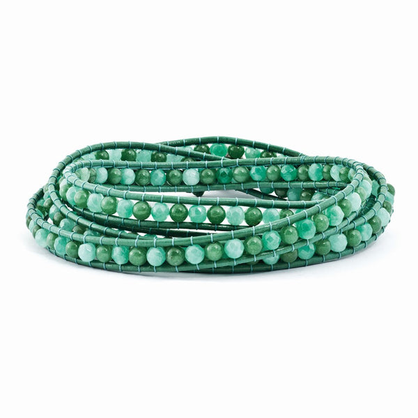 Green Aventurine/Green Quartz/FW Cultured Pearl Clasp Leather Wrap Bracelet-WBC-BF2090