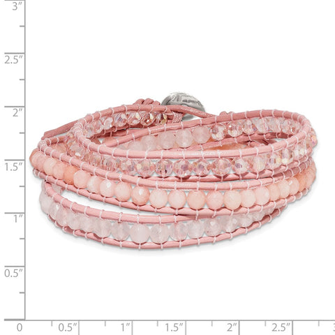 Leather Rose/Pink Quartz Crystal Multi Wrap/ Button Bracelet-WBC-BF2091