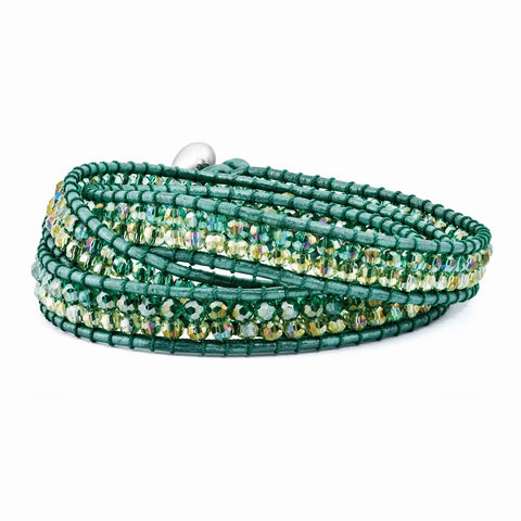 Multi Green Aurora Borealis Crystal Beaded Leather Multi-wrap Bracelet-WBC-BF2098