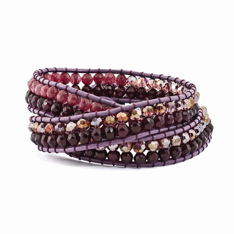 Purple Crystal and Red Quartz and Leather Multi-wrap Bracelet-WBC-BF2101