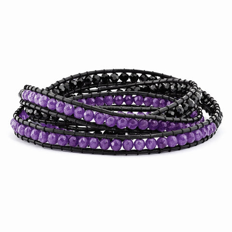 Black Crystal/Purple Quartz Bead/Leather Multi-wrap Bracelet-WBC-BF2104
