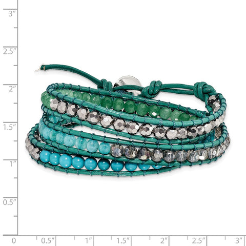 Green Aventurine/Crystal/ReconTurquoise/Leather Multi-wrap Bracelet-WBC-BF2110