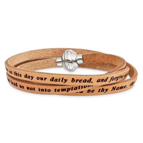 Stainless Steel Lord's Prayer Tan Leather Wrap Bracelet-WBC-BF3231-MD