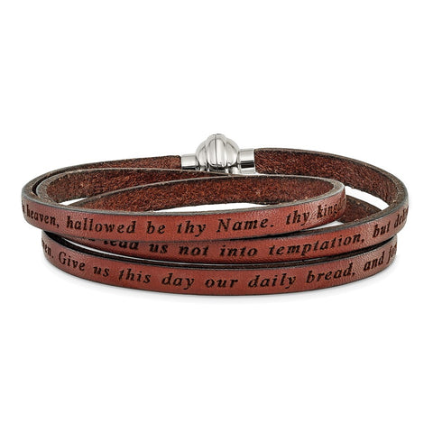 Stainless Steel Lord's Prayer Brown Leather Wrap Bracelet-WBC-BF3232-LG