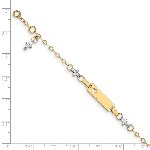 14k Two-tone Baby Polished and Textured Cross w/1in ext. ID Bracelet-WBC-BID88-4.5