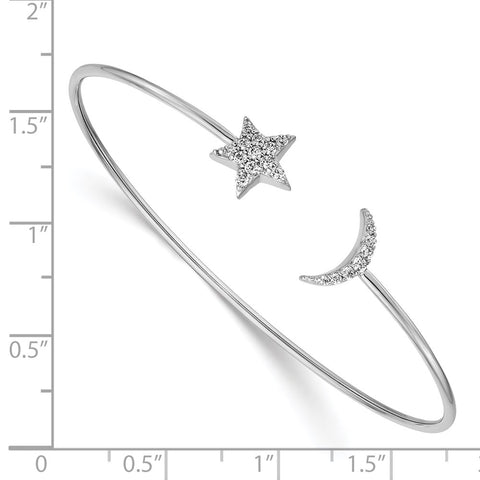 14k White Gold Diamond Moon and Star Flexible Cuff Bangle-WBC-BM3713-025-WA