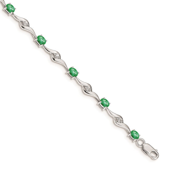 14k White Gold White Sapphire and Emerald Gemstone Bracelet-WBC-BM4473-EM-W