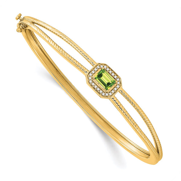 14k Emerald-shape Peridot and Diamond Halo Bangle-WBC-BM7091-PE-011-YA