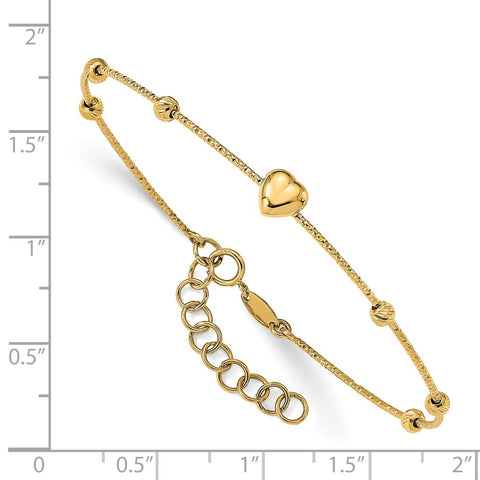 14K D/C Beads with Heart w/1in ext. Flexible Bangle Bracelet-WBC-DB683