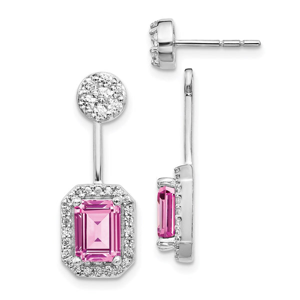 14k White Gold Diamond/Created Pink Sapph. Front/Back Earrings-WBC-EM4195-CPS-062-WA