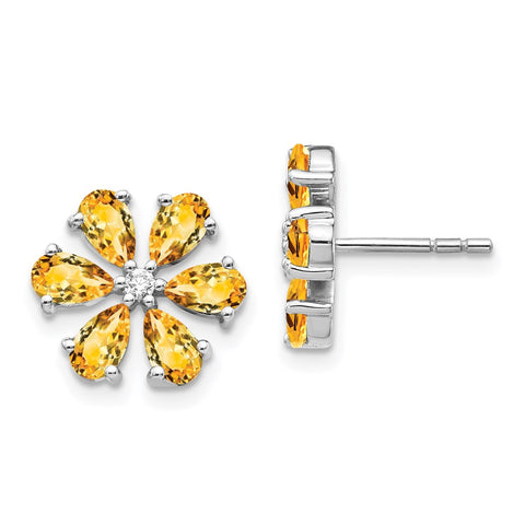 14k White Gold Diamond Citrine Flower Earrings-WBC-EM4377-006-WA