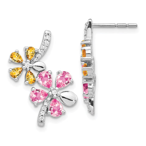 14k White Gold Diamond/Citrine/Pink Tourmaline Flower Earrings-WBC-EM4380-012-WA