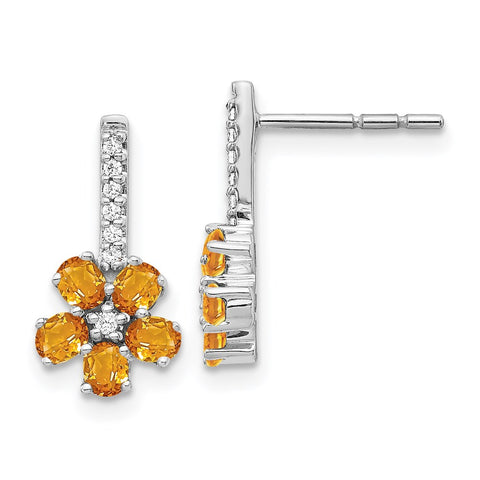 14k White Gold Diamond Citrine Flower Earrings-WBC-EM4381-008-WA