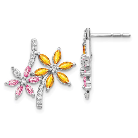 14k White Gold Diamond/Citrine/Pink Tourmaline Flower Earrings-WBC-EM4383-012-WA