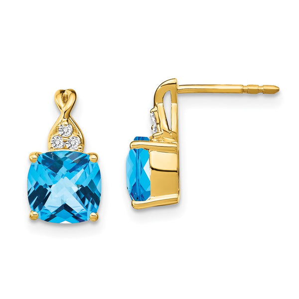 14k Checkerboard Blue Topaz and Diamond Earrings-WBC-EM4393-BT-006-YA