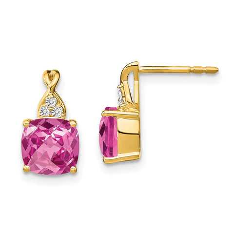 14k Checkerboard Created Pink Sapphire and Diamond Earrings-WBC-EM4393-CPS-006-YA