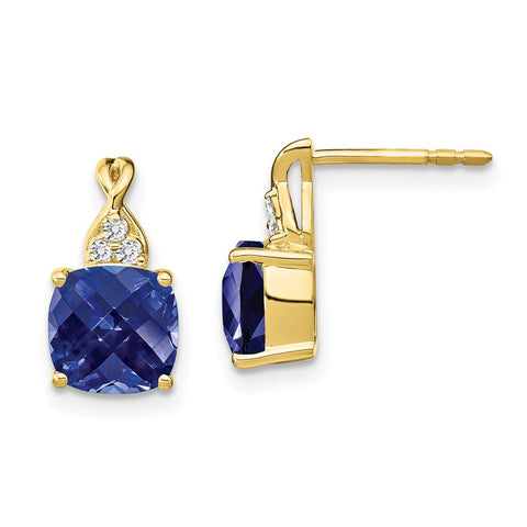 10k Checkerboard Created Sapphire and Diamond Earrings-WBC-EM4393-CSA-006-1YA