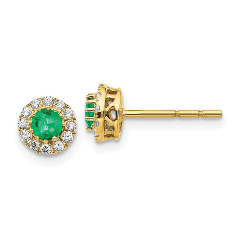 14k Gold Diamond and Emerald Halo Post Earrings-WBC-EM5588-EM-016-YA