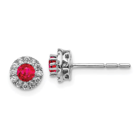 14k White Gold Diamond and Ruby Halo Post Earrings-WBC-EM5588-RU-016-WA