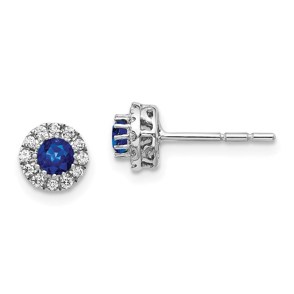 14k White Gold Diamond and Blue Sapphire Halo Post Earrings-WBC-EM5588-SA-016-WA