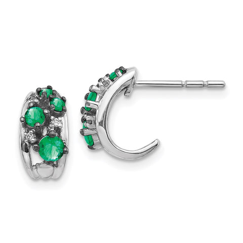 14k White Gold Diamond and Emerald Polished Post Hoop Earrings-WBC-EM5595-EM-004-WA