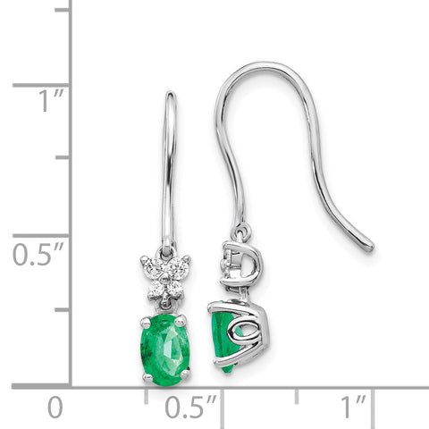 14k White Gold 1/8ct Diamond and Oval Emerald Dangle Earrings-WBC-EM5600-EM-013-WA