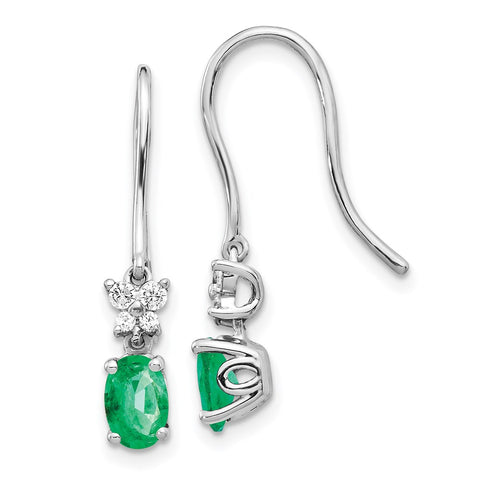 14k White Gold 1/8ct Diamond and Oval Emerald Dangle Earrings-WBC-EM5600-EM-013-WA