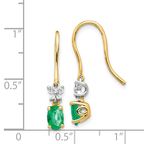 14k 1/8ct Diamond and Oval Emerald Shepherd Hook Earrings-WBC-EM5600-EM-013-YWA