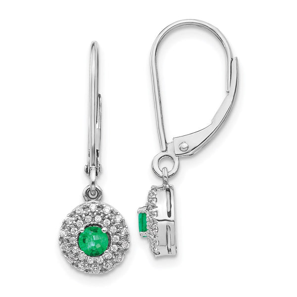 14k White Gold Diamond Halo Emerald Leverback Dangle Earrings-WBC-EM5605-EM-020-WA