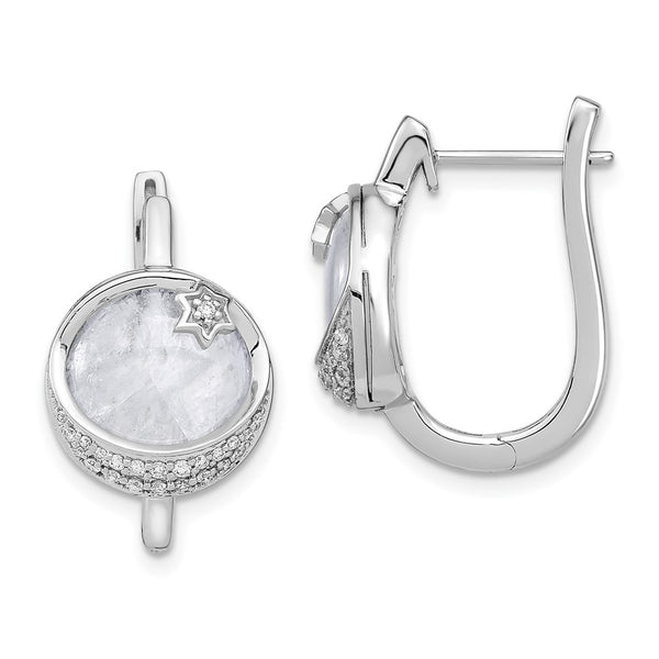 14k White Gold Dia. & Moonstone Moon & Star Hinged Hoop Earrings-WBC-EM6843-020-WA