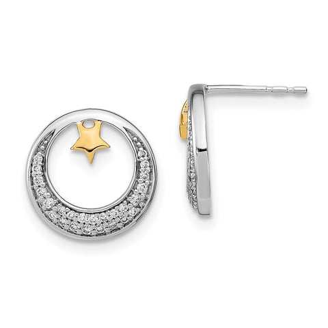 14k Two-tone Polished Moon and Stars Diamond Post Earrings-WBC-EM6844-020-WYA