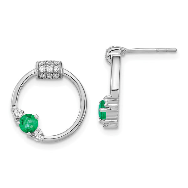 14k White Polished Diamond and Emerald Circle Post Earrings-WBC-EM6886-EM-019-WA