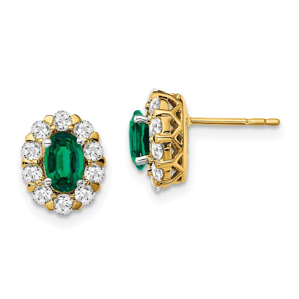 14k Oval Emerald and Diamond Halo Post Earrings-WBC-EM6990-EM-070-YA