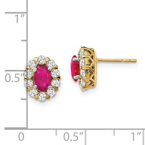 14k Oval Ruby and Diamond Halo Post Earrings-WBC-EM6990-RU-070-YA