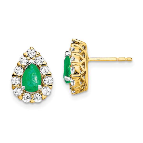 14k Pear Emerald and Diamond Halo Post Earrings-WBC-EM6991-EM-077-YA