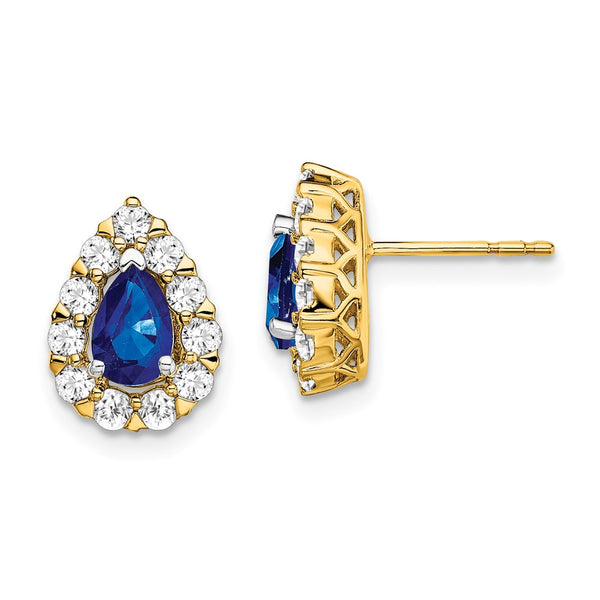 14k Pear Sapphire and Diamond Halo Post Earrings-WBC-EM6991-SA-077-YA